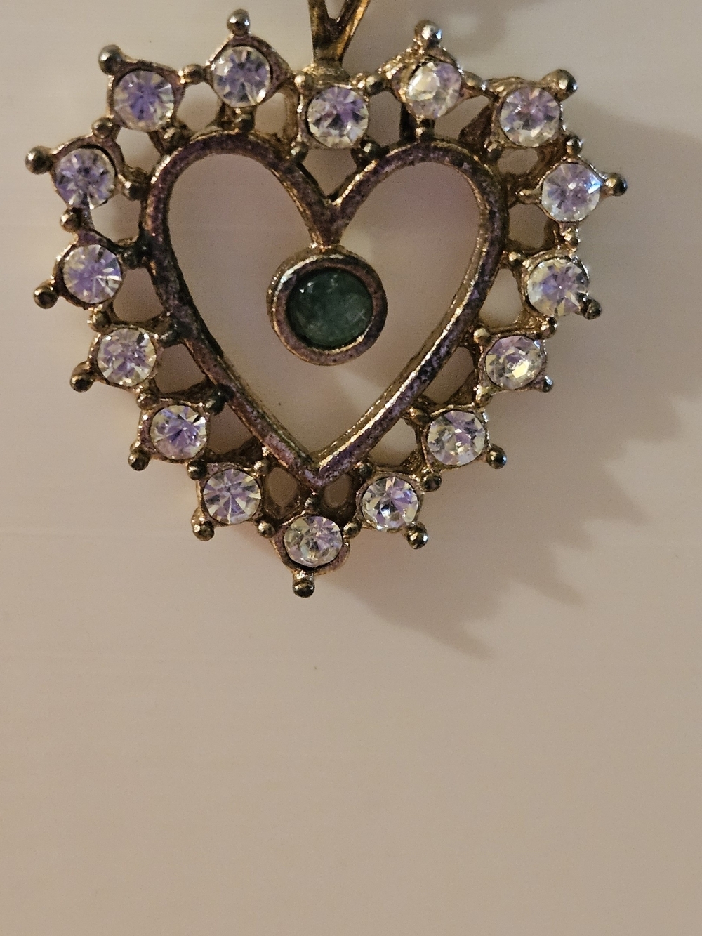 Vintage Gold Heart Pendant Necklace with White and Green Stones. 18" Chain.